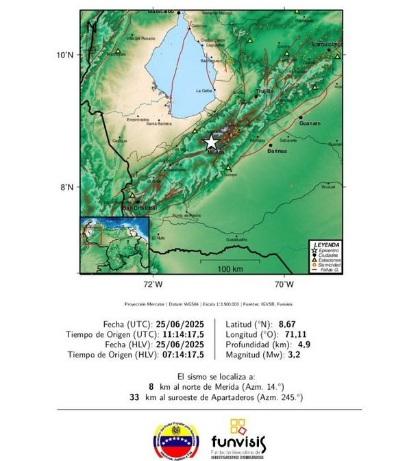 Funvisis reportó sismo de 3,2 en Mérida en medio de fuertes lluvias